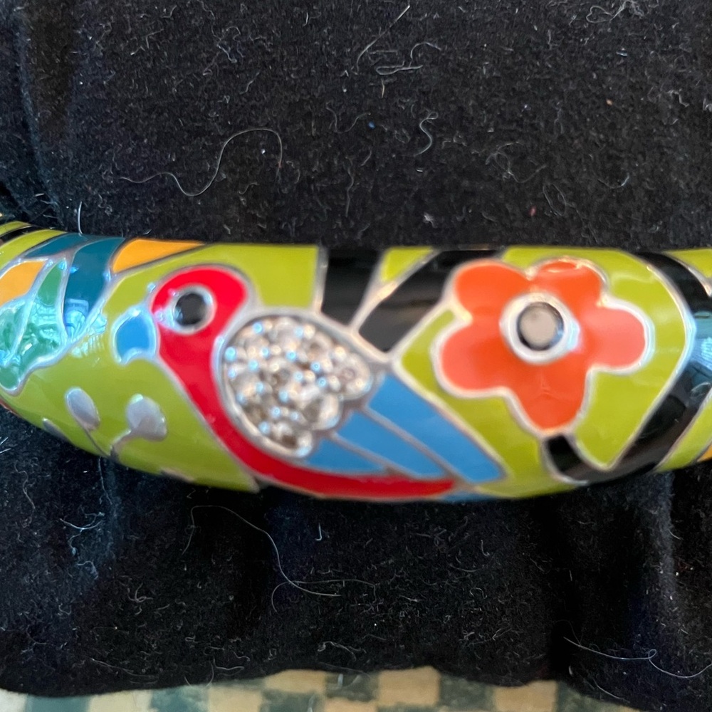 Belle Etoile Perroquet Parrot Sterling Silver Enamel Hinged Bangle Bracelet